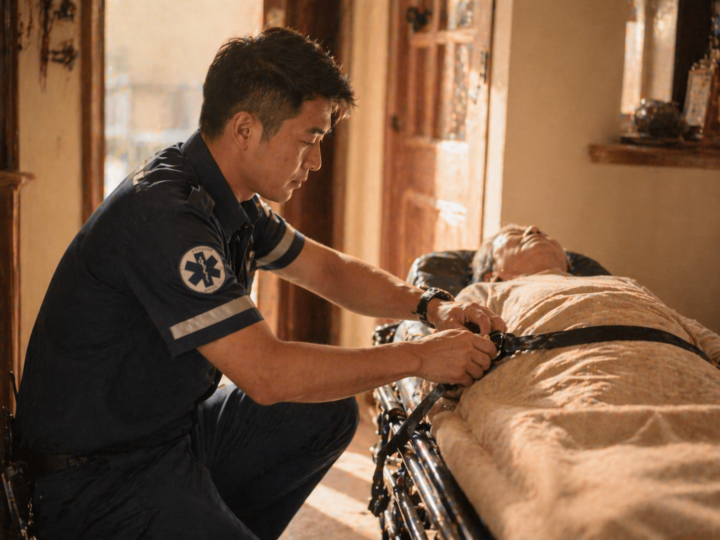 EMT 為病患細心繫安全帶