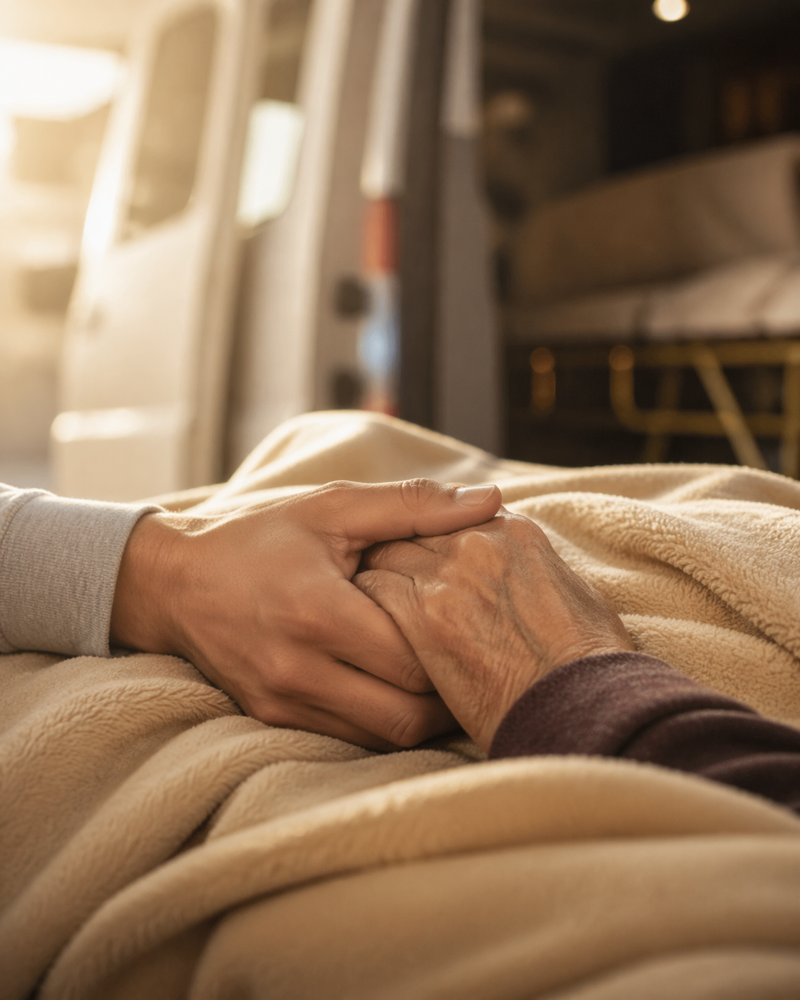 家屬輕握長者的手，等待出發