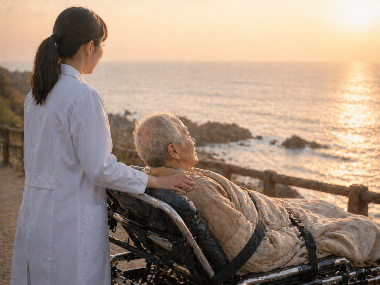 醫護人員陪伴長者在海邊看夕陽